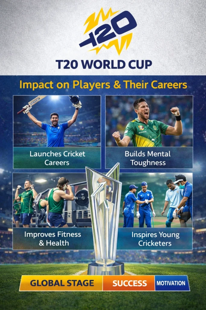 T20 World Cup infographic showing impact on cricket players careers including fitness training, match celebrations, mental toughness, young cricketers practice, and championship trophy.