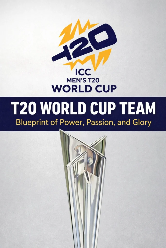 T20 World Cup Team banner with ICC Men’s T20 World Cup trophy and logo