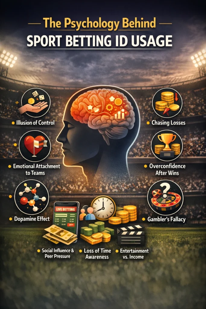 Infographic showing the psychology behind Sport Betting ID usage including illusion of control, dopamine effect, chasing losses, overconfidence, and gambler’s fallacy in a stadium background.