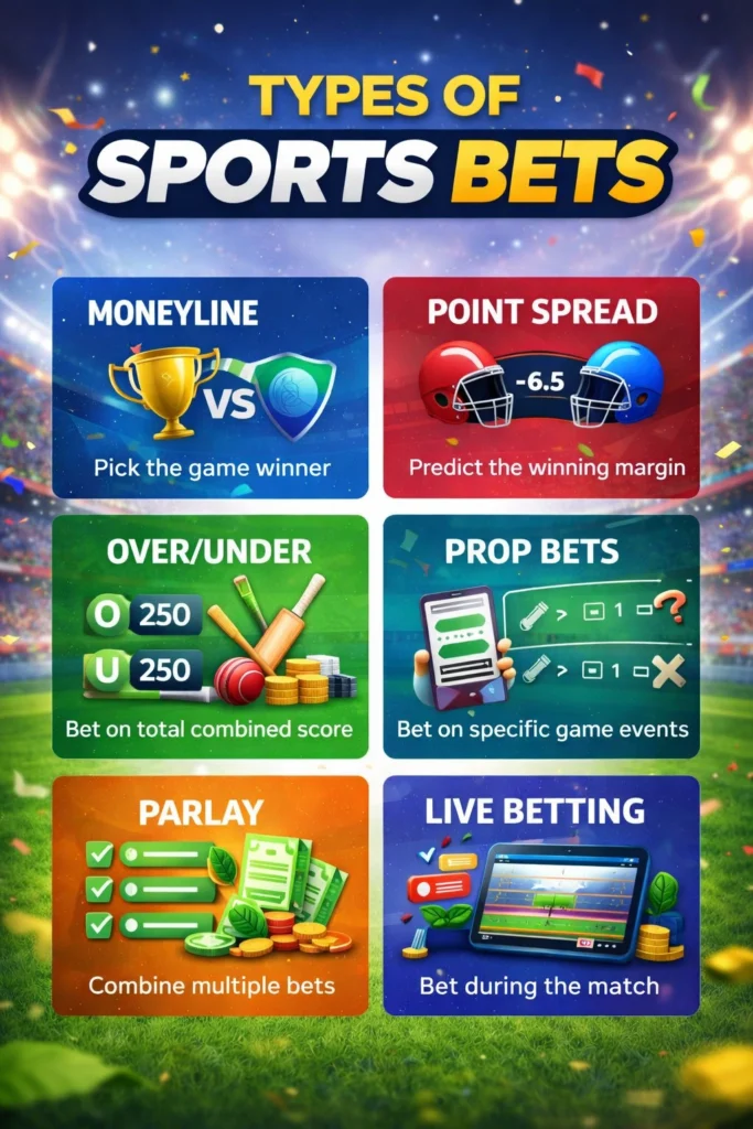 Types of sports bets infographic showing moneyline, point spread, over under, parlay, prop bets and live betting options