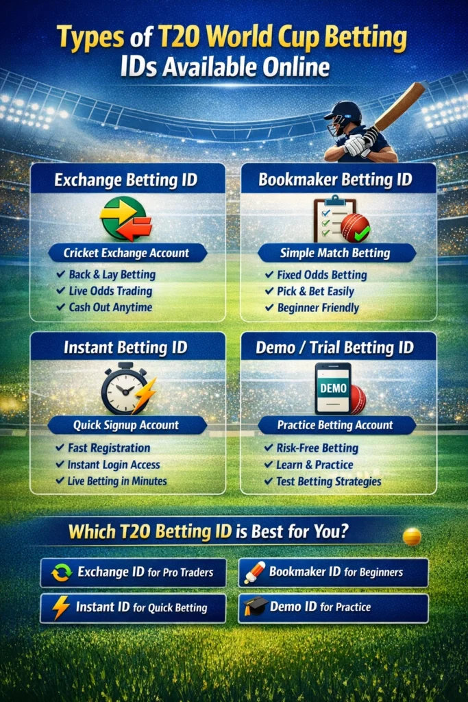 Types of T20 World Cup betting IDs available online including exchange betting ID, bookmaker betting ID, and instant cricket betting account