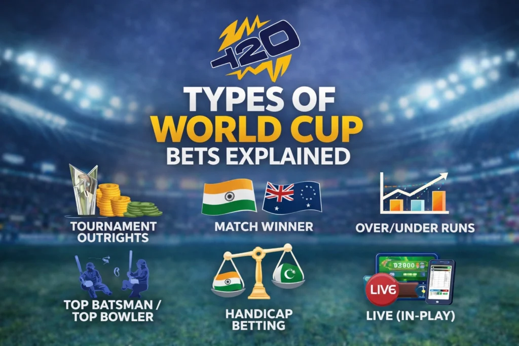 Types of World Cup bets explained banner showing match winner, over under runs, handicap betting and live betting options