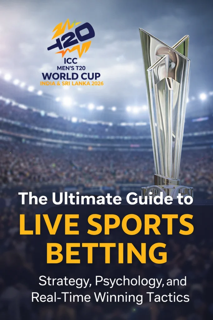 Live Sports Betting guide cover featuring ICC T20 World Cup trophy with stadium background and bold betting strategy title