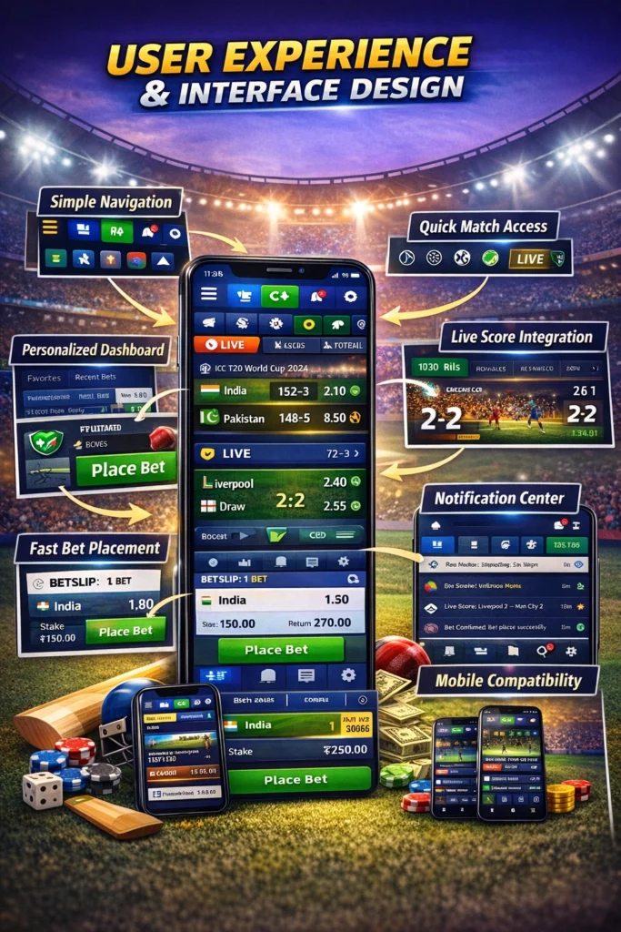 Sports betting app interface showing dashboard navigation live scores fast bet placement and mobile compatibility