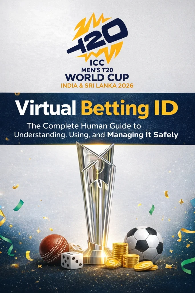 Virtual Betting ID guide banner with ICC Men's T20 World Cup 2026 logo trophy and sports elements
