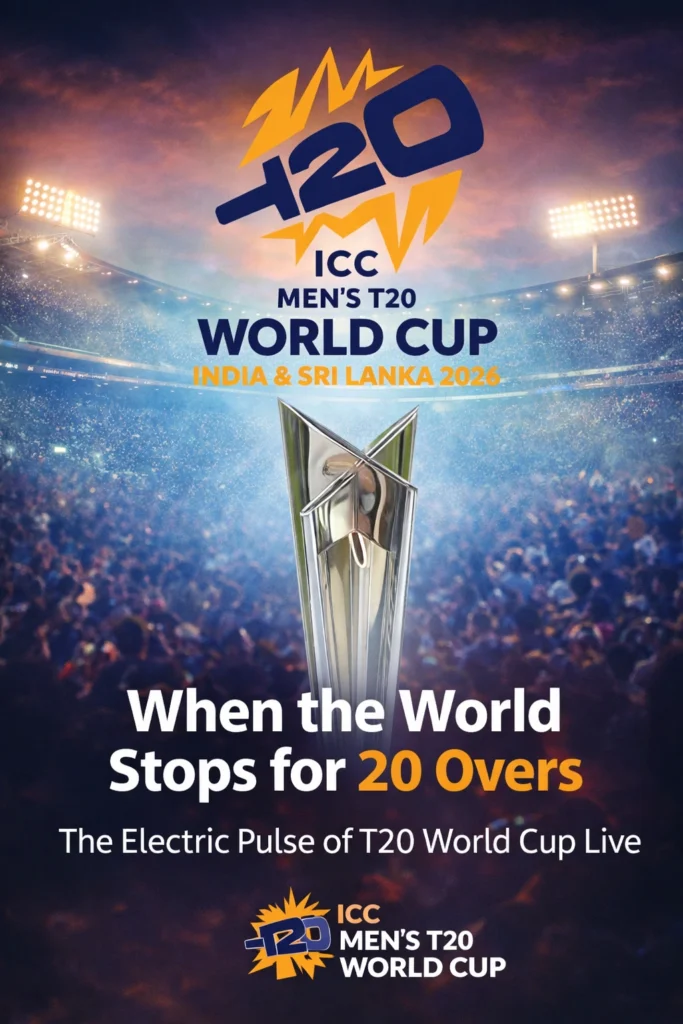 T20 World Cup Live poster with trophy and logo showing the title When the World Stops for 20 Overs