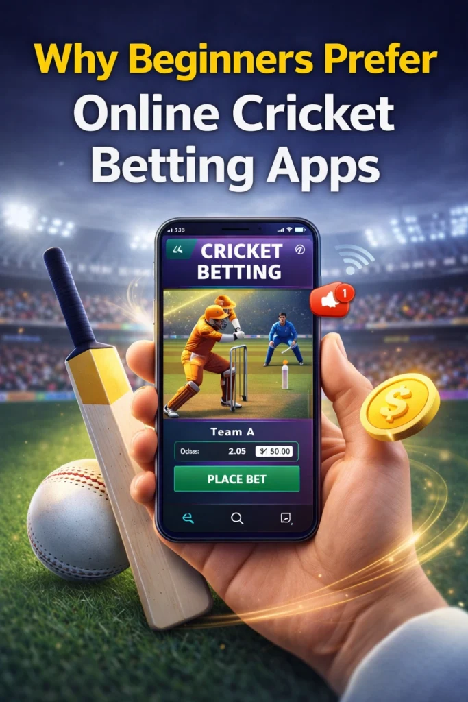 Why beginners prefer online cricket betting apps banner showing mobile cricket betting app, live odds, and real money betting