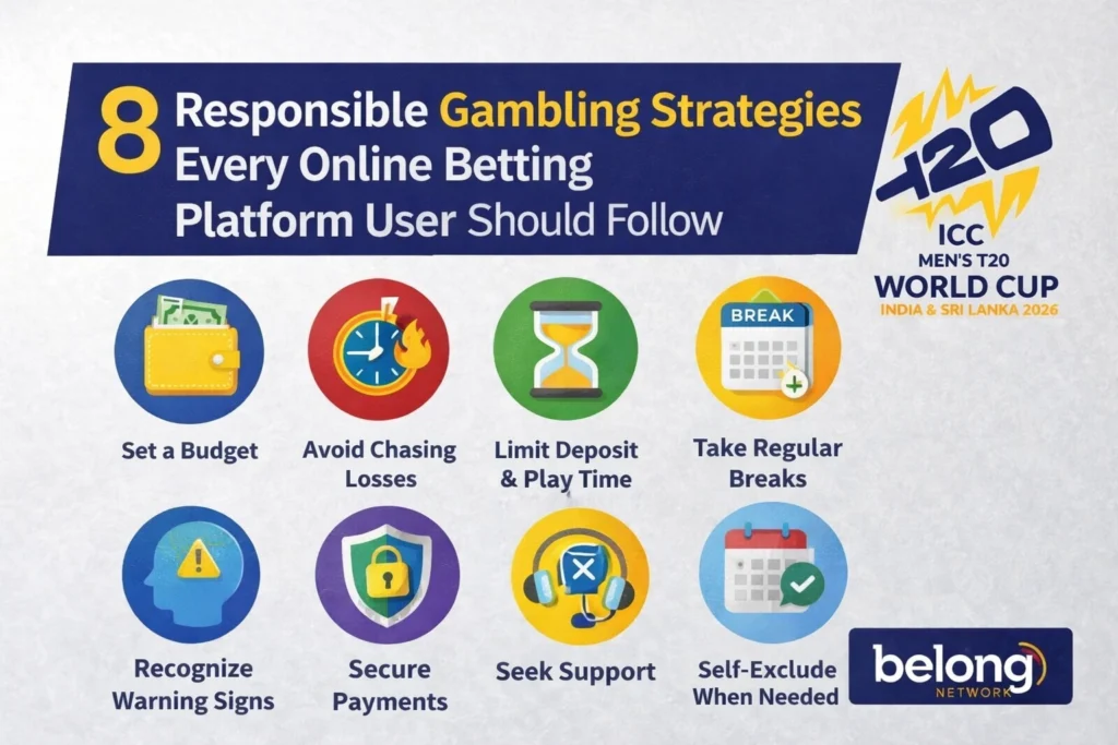 8 Responsible Gambling Strategies for Online Betting Platform users infographic with logo highlighting safe betting tips