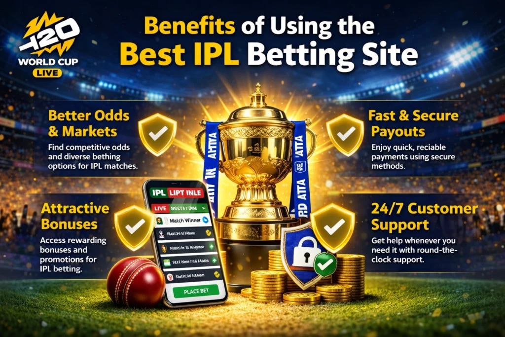 Benefits of using the Best IPL Betting Site with cricket trophy, secure betting icons and T20 World Cup logo
