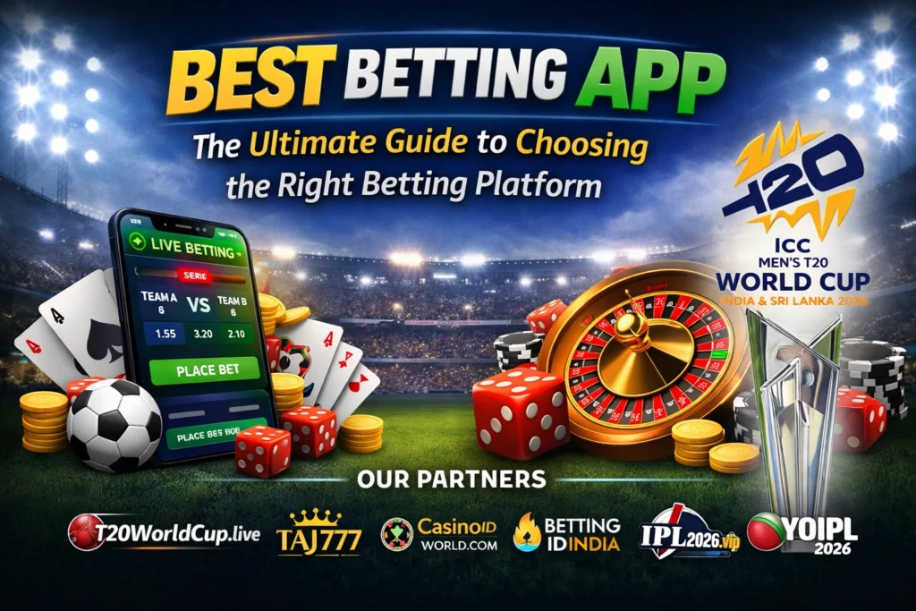Best betting app guide banner with ICC T20 World Cup cricket trophy logo representing sports betting and cricket betting platforms
