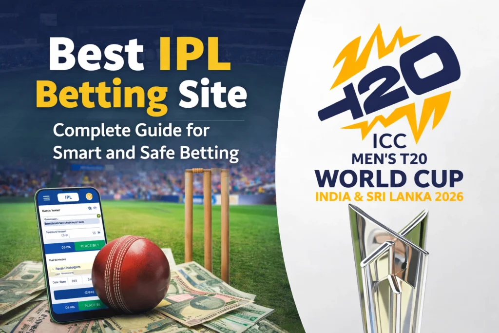 Best IPL Betting Site guide showing ICC T20 World Cup style trophy and cricket theme for safe and smart betting