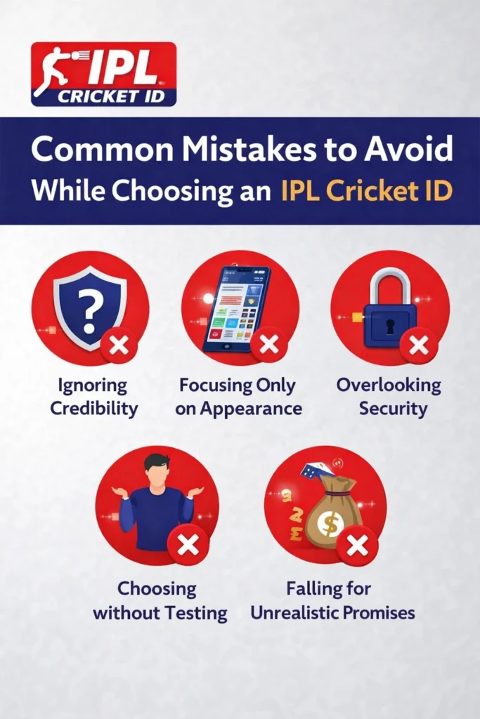 Common mistakes to avoid while choosing the best IPL Cricket ID with cricket logo and warning icons