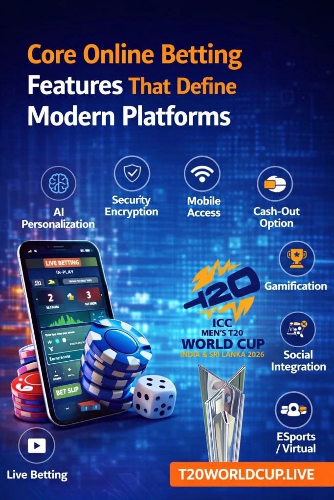 Core online betting features on modern platforms with T20 World Cup logo and mobile betting interface
