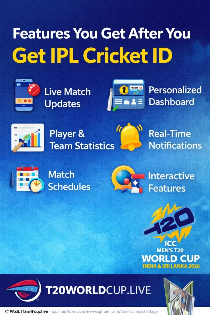 Features you get after you get IPL cricket ID including live updates stats notifications and dashboard