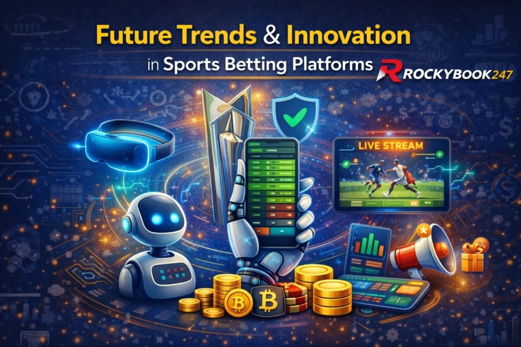 Future Trends and Innovation in Sports Betting Platforms infographic featuring AI, VR, cryptocurrency, live streaming, and T20 cricket theme with brand logo.
