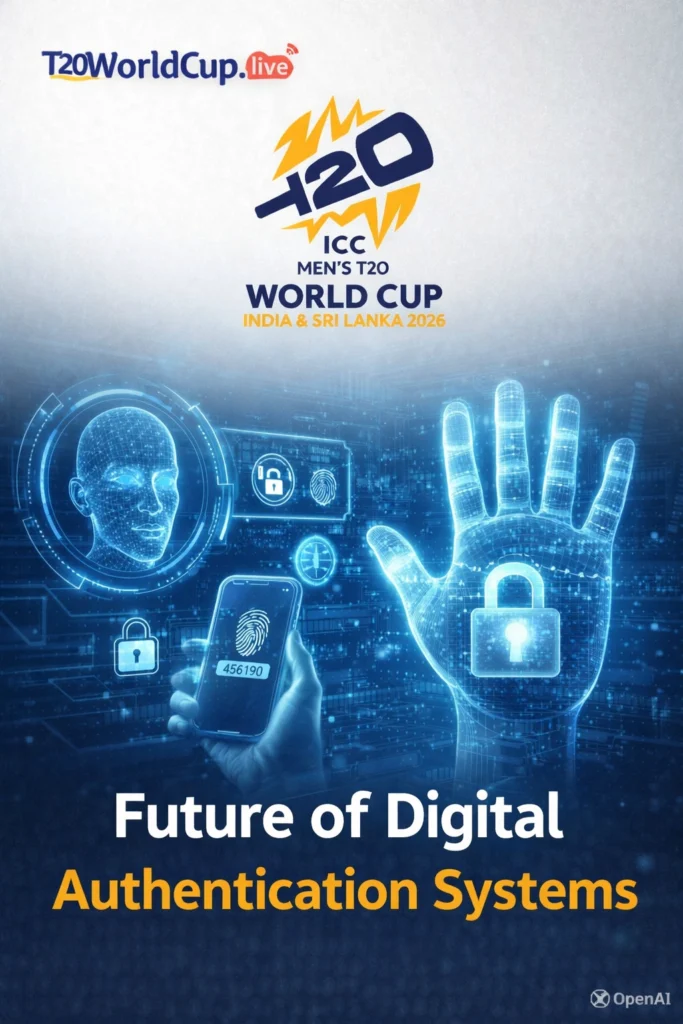 Futuristic illustration showing biometric authentication, AI security, and passwordless login technology