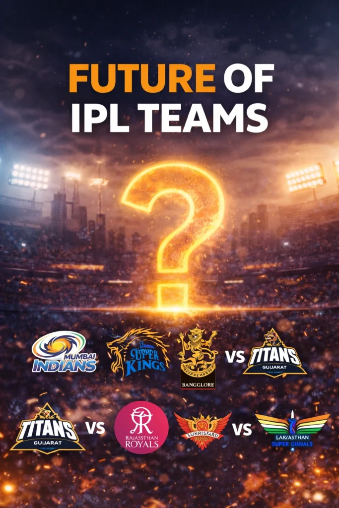 Future of IPL teams concept image featuring IPL franchise logos like Mumbai Indians, Chennai Super Kings, Royal Challengers Bangalore, Gujarat Titans and Rajasthan Royals in the Indian Premier League.