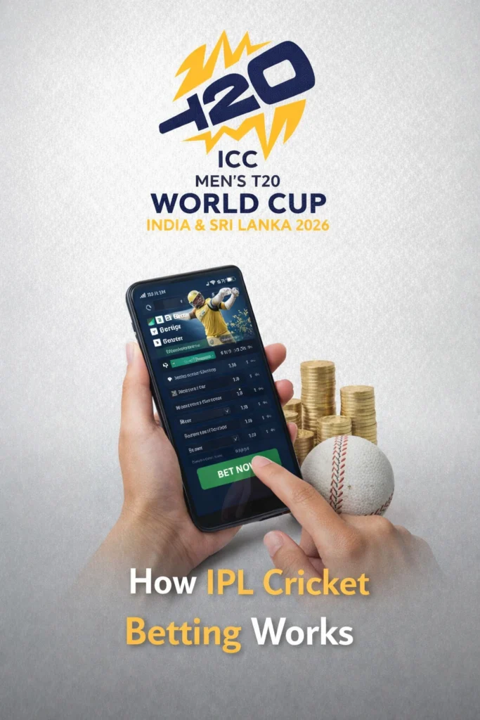 How IPL Cricket Betting works illustration with mobile betting app, cricket ball, coins, and T20 World Cup 2026 logo