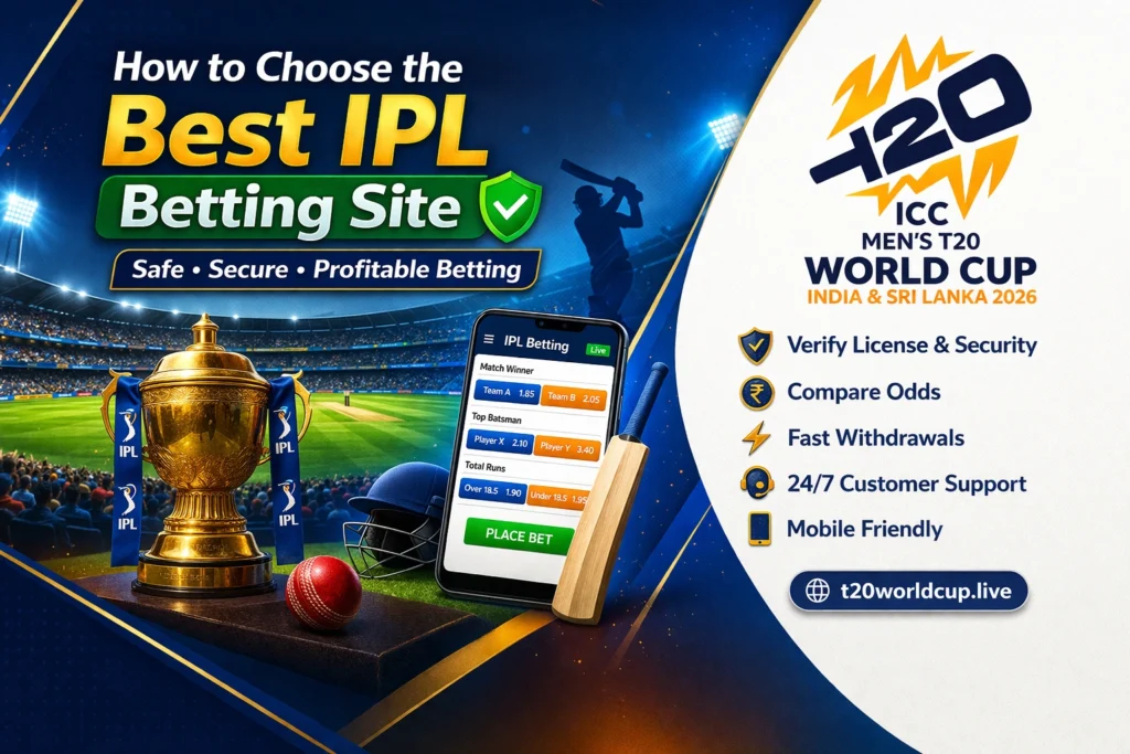 How to choose the Best IPL Betting Site guide with cricket stadium, IPL trophy, and T20 World Cup logo