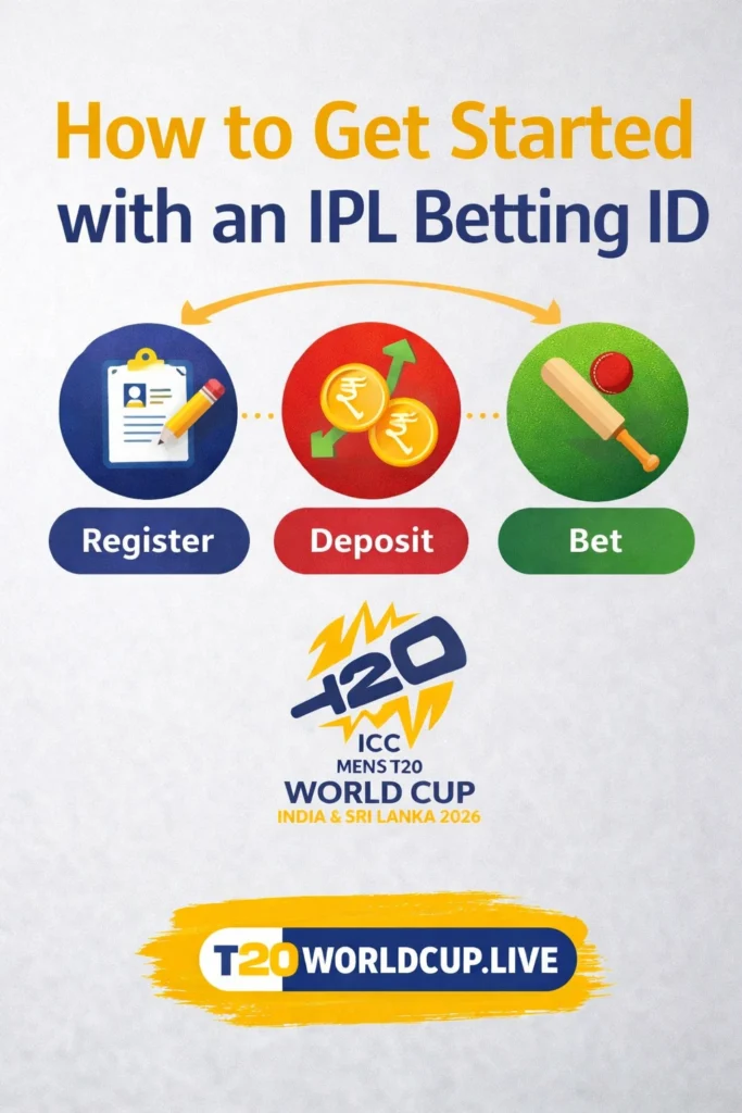 How to Get Started with an IPL Betting ID guide with T20 World Cup logo and secure betting platform concept