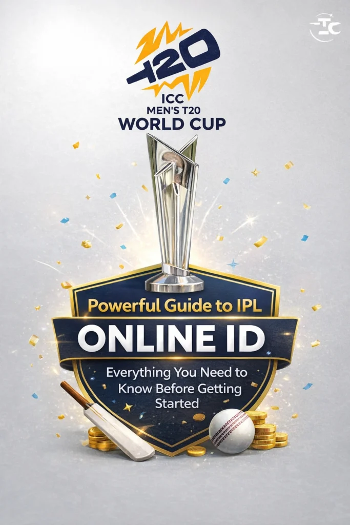 Powerful Guide to IPL Online ID with T20 World Cup trophy and cricket elements