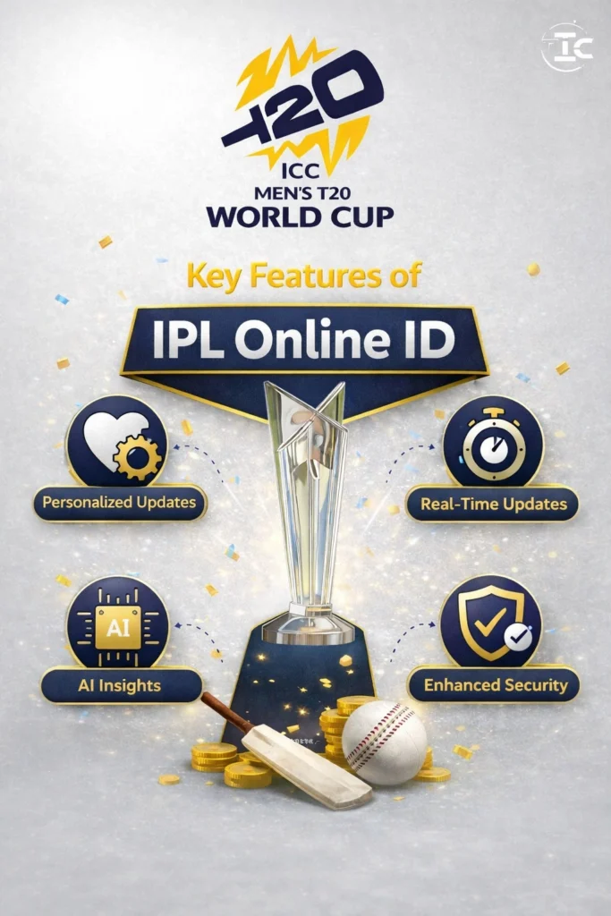 Key Features of IPL Online ID with cricket elements and digital dashboard illustration