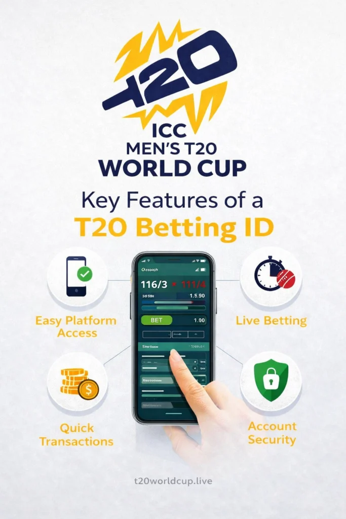 Key features of a T20 Betting ID including live betting, match dashboard, betting markets, and digital wallet with T20 World Cup logo