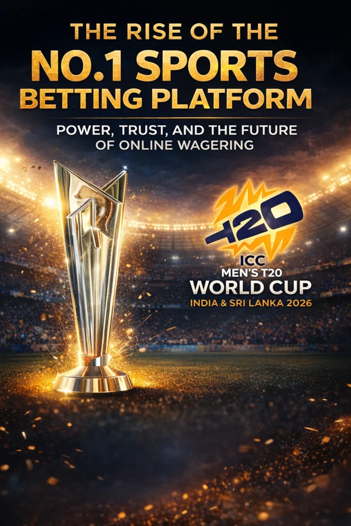 No.1 sports betting platform featuring ICC T20 World Cup 2026 trophy and official tournament logo