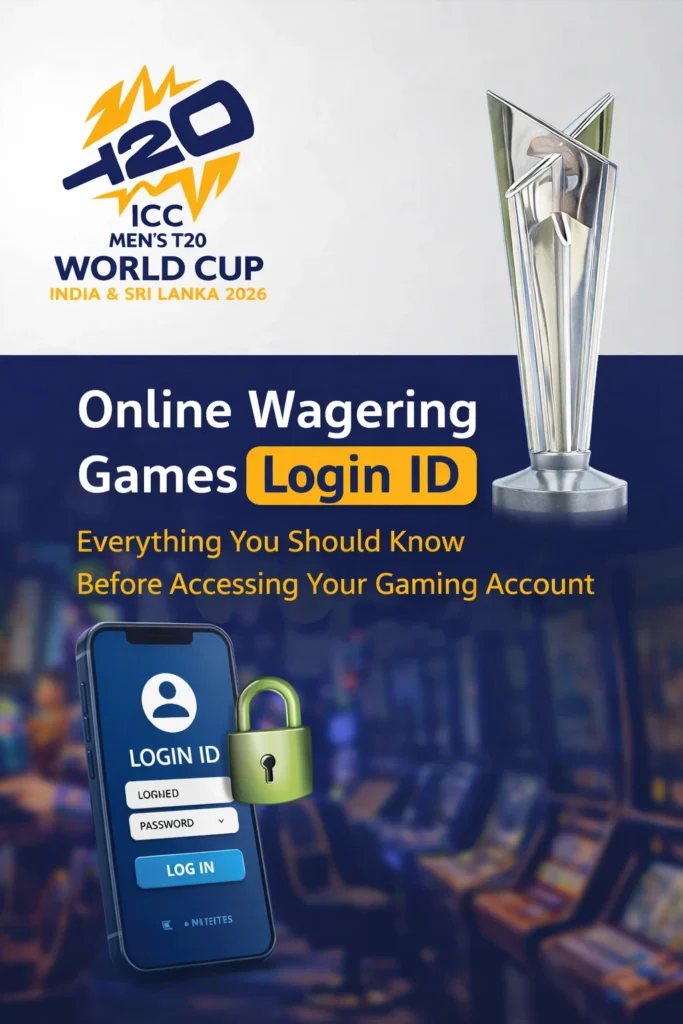 Online wagering games login ID guide with T20 World Cup gaming platform logo