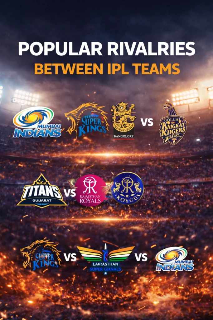 Popular IPL team rivalries featuring Mumbai Indians vs Chennai Super Kings and Royal Challengers Bangalore vs Kolkata Knight Riders in the Indian Premier League.