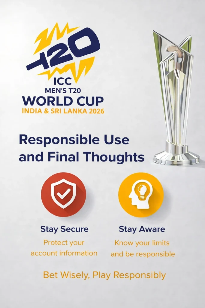 Responsible use of betting games ID with stay secure and stay aware message and T20 World Cup 2026 logo