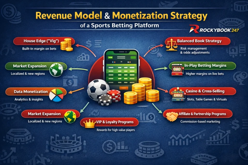 Revenue model and monetization strategy of a sports betting platform infographic showing house edge, live betting margins, affiliate programs, casino cross-selling, and VIP loyalty programs with RockyBook247 logo.
