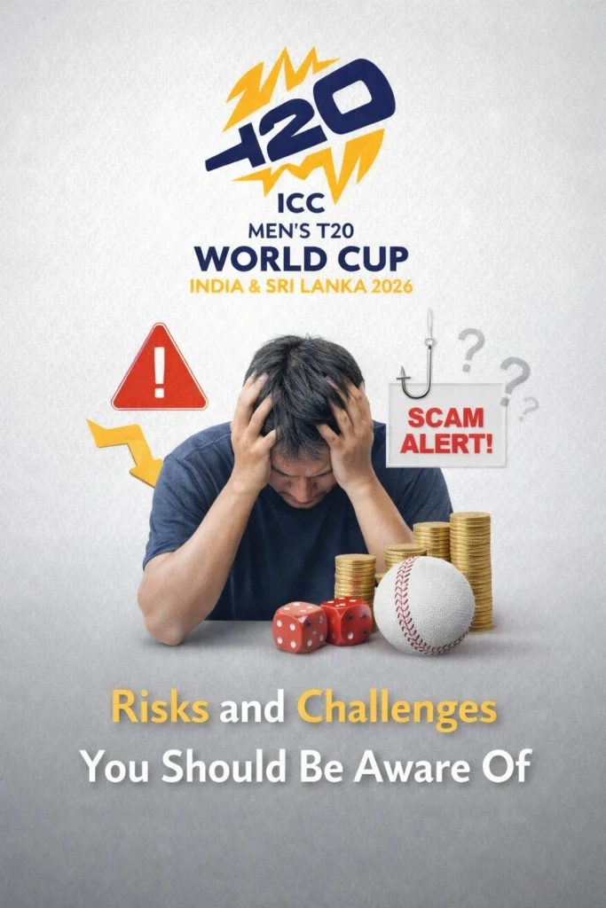 IPL Cricket Betting risks illustration showing stress, financial loss, scam alert, coins, cricket ball, and T20 World Cup 2026 logo