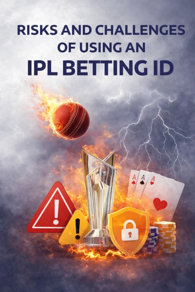 Risks and challenges of using an IPL Betting ID showing warning signs, money loss symbol, legal risks and cricket betting concept