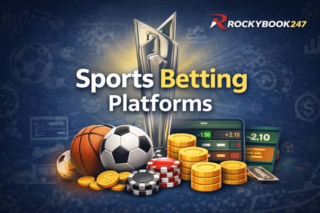 Sports Betting Platforms promotional image featuring T20 World Cup 2026 theme with cricket trophy and modern betting platform branding.