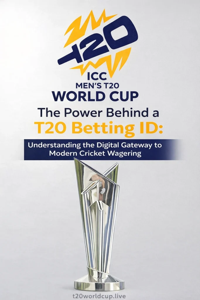 T20 Betting ID digital gateway to modern cricket wagering with ICC Men's T20 World Cup trophy and logo