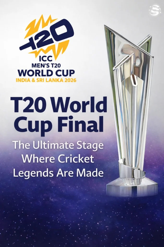 T20 World Cup Final trophy with ICC Men's T20 World Cup logo representing cricket's biggest final match