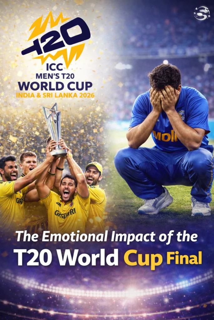 Emotional moments of the T20 World Cup Final showing winning celebration and losing disappointment with ICC Men's T20 World Cup logo