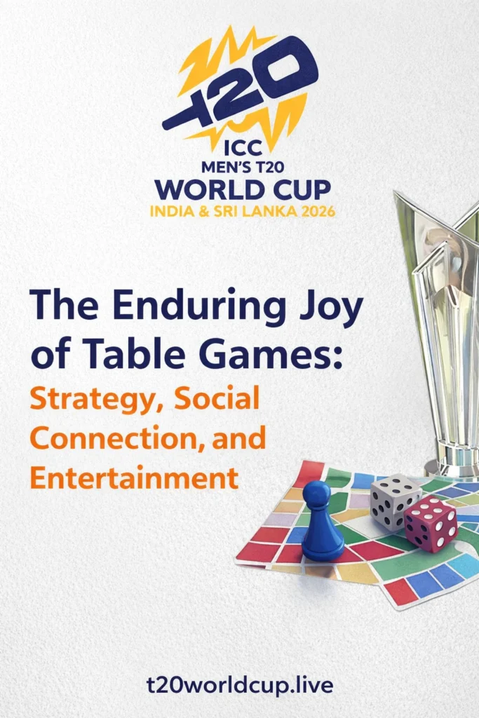 The Enduring Joy of Table Games with board game pieces, dice and ICC Men's T20 World Cup 2026 logo representing strategy, social connection and entertainment