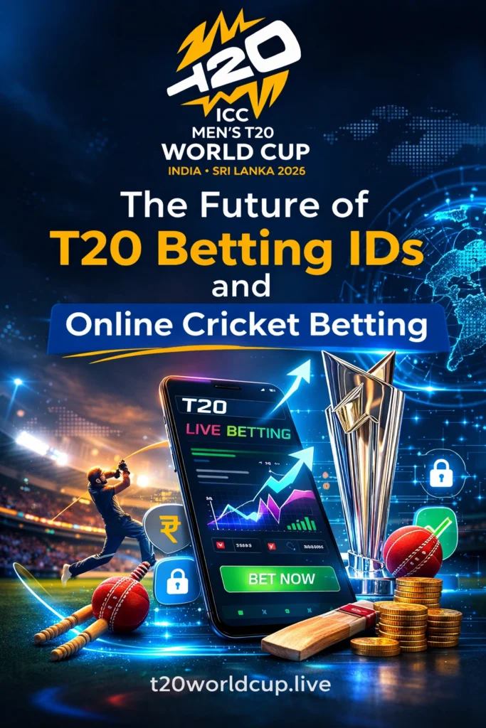 The future of T20 Betting IDs and online cricket betting with ICC Men's T20 World Cup trophy, cricket player, and live betting mobile interface