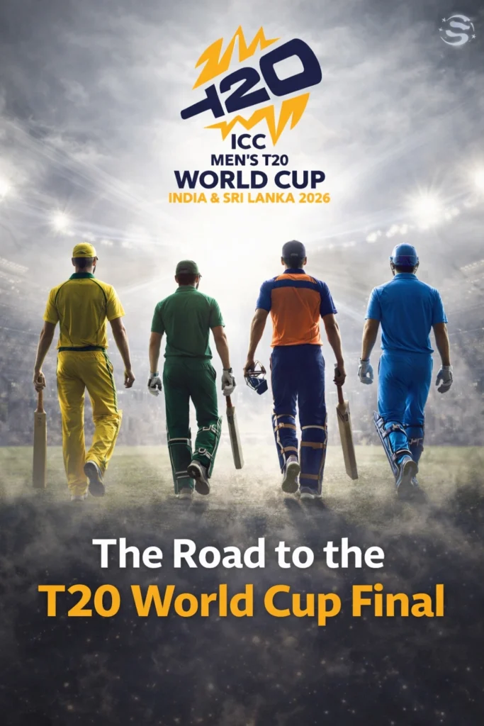 Road to the T20 World Cup Final showing ICC Men's T20 World Cup logo and trophy representing the journey to the championship match