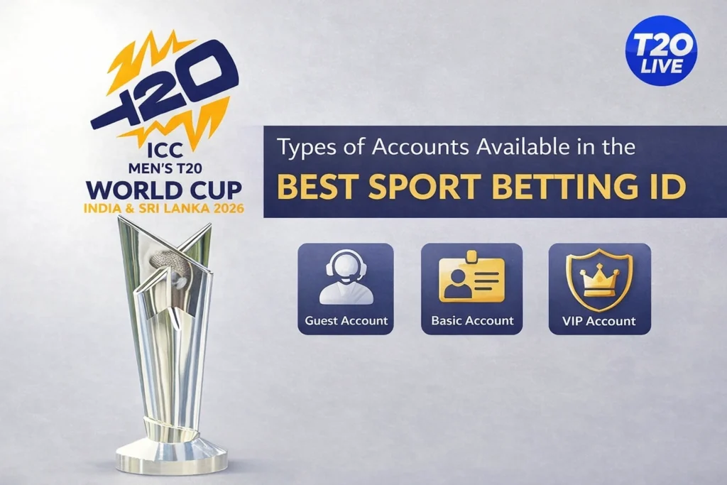 Types of accounts in best sport betting ID with T20 World Cup 2026 logo including guest, basic and VIP account options