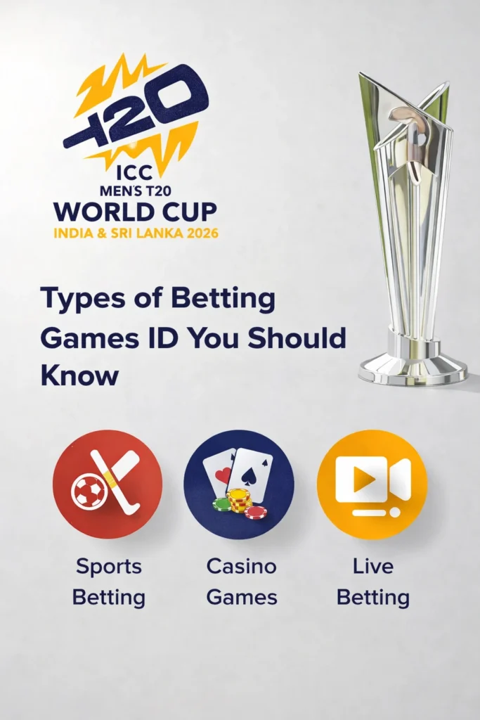 Types of betting games ID with sports betting, casino games, and live betting icons and T20 World Cup 2026 logo