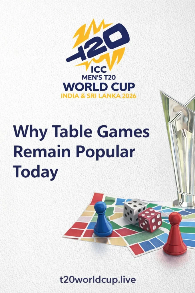 Why table games remain popular today with board game pieces, dice, colorful board and ICC Men's T20 World Cup 2026 logo representing strategy and social entertainment.