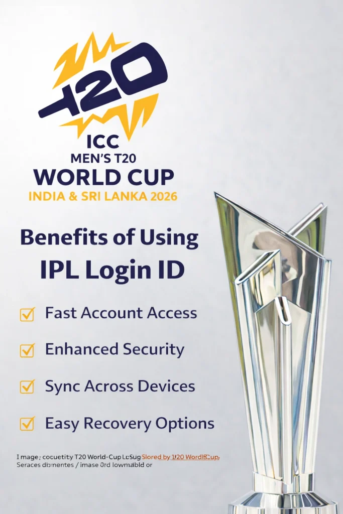 Benefits of IPL Login ID with ICC T20 World Cup 2026 logo and trophy showing secure access and features