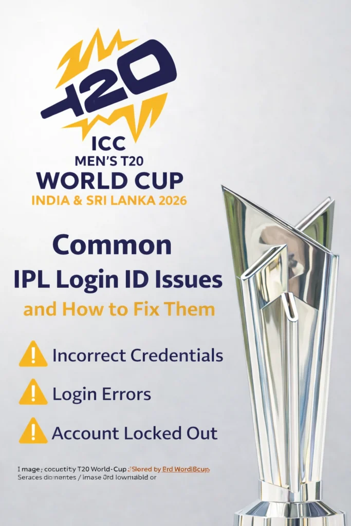 Common IPL Login ID issues and solutions with ICC T20 World Cup 2026 logo and trophy