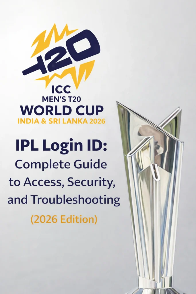 IPL Login ID guide 2026 with ICC Men’s T20 World Cup logo and trophy